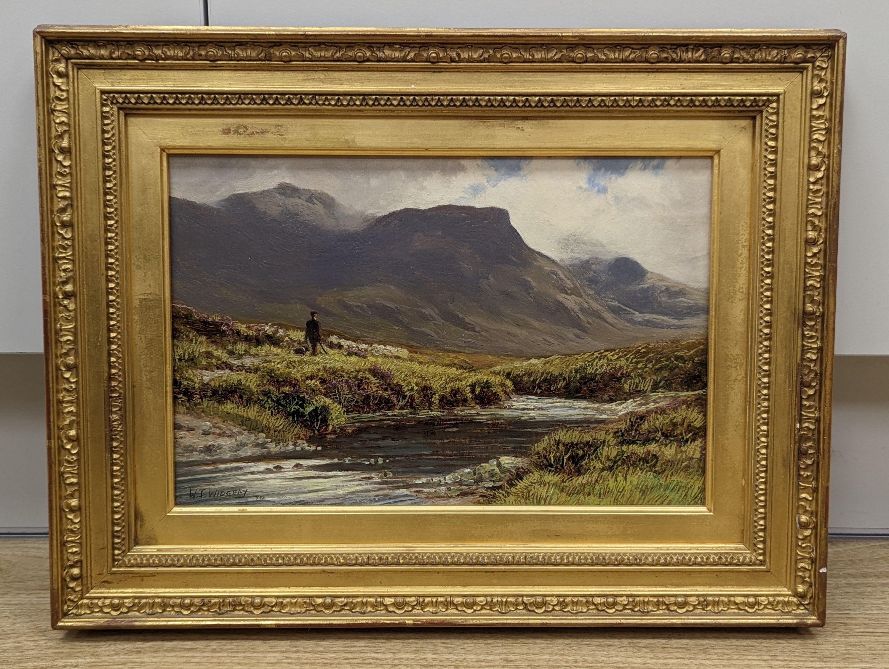 William J. Widgery (1822-1893), oil on canvas, Shepherd and flock in a Highland landscape, signed, 20 x 30cm